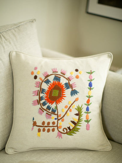 hand embroidered cream linen cushion