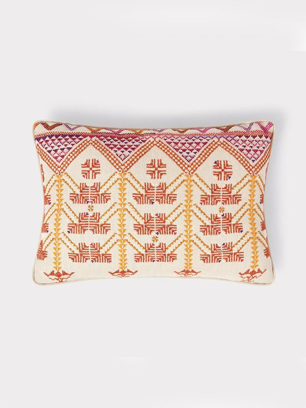 refugee embroidered pink and yellow rectangle cushion