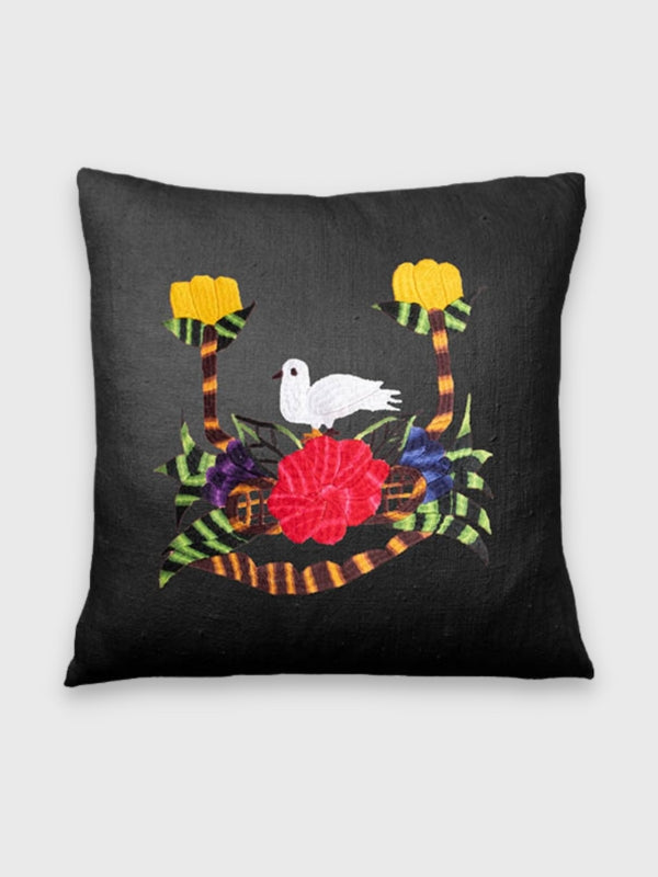 black linen cushion with dove