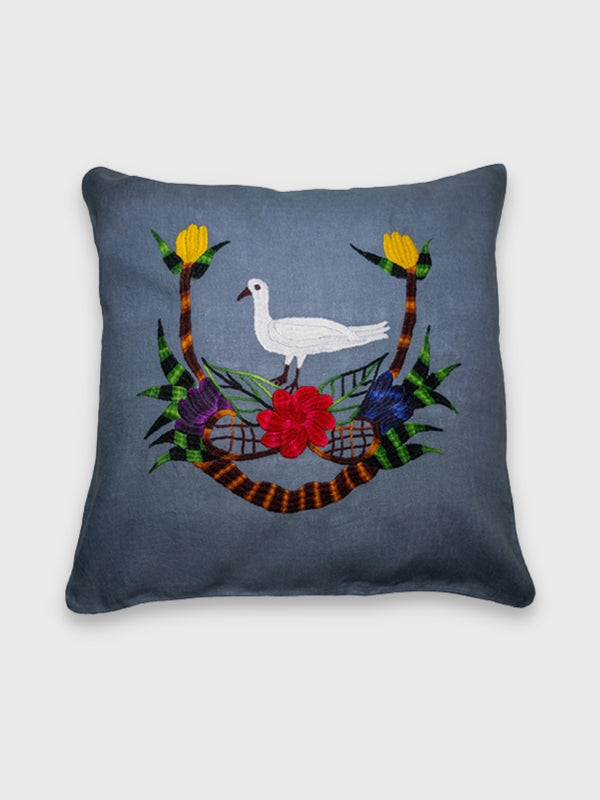 blue linen embroidered cushion