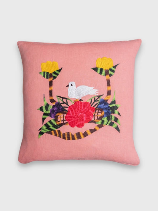 pink linen embroidered dove cushion