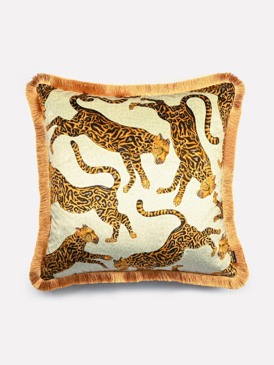 cheetah fringed velvet cushion