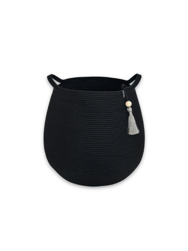 sustainable rounded black woven storage basket